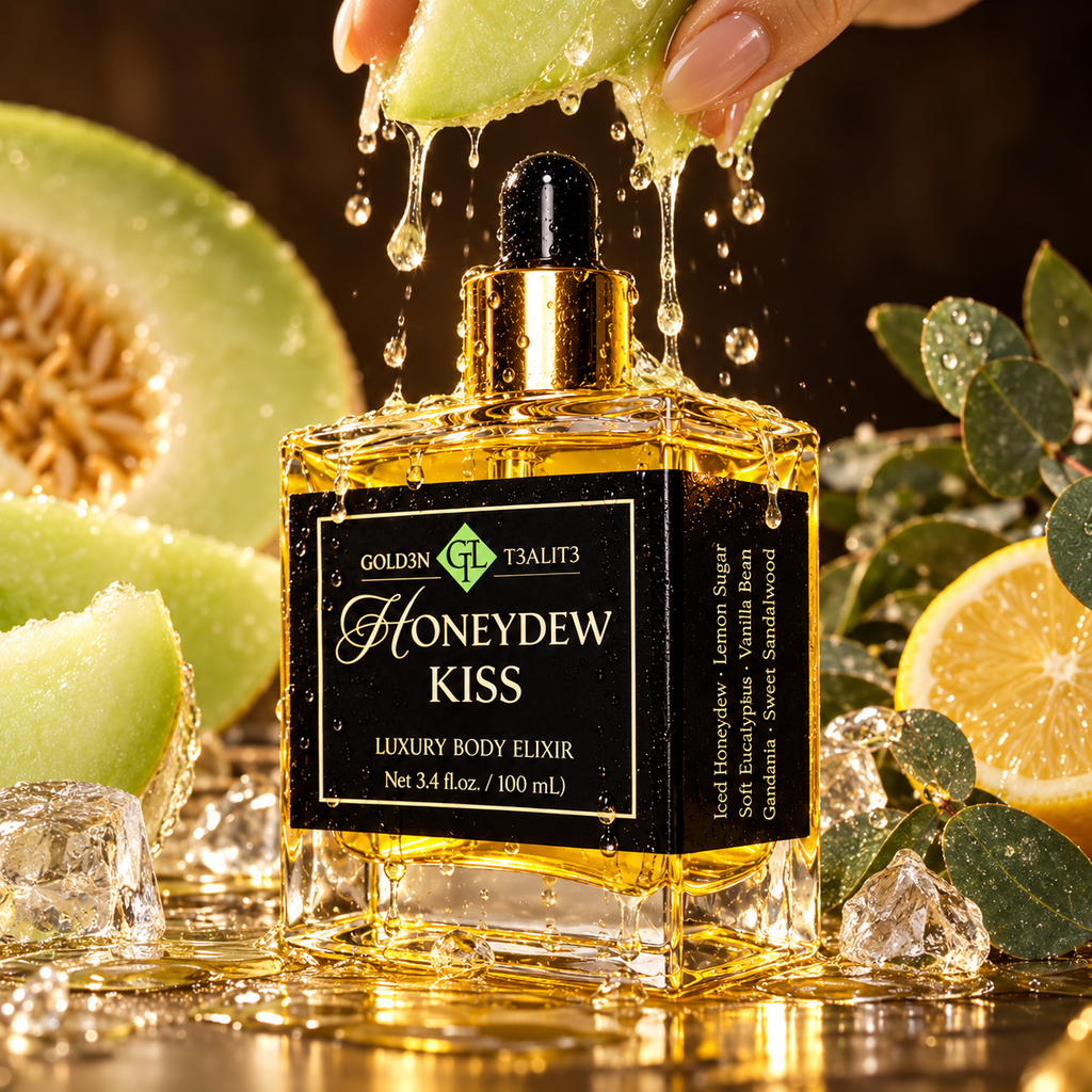 Honeydew juice dripping over the Honeydew Kiss Luxury Body Elixir bottle