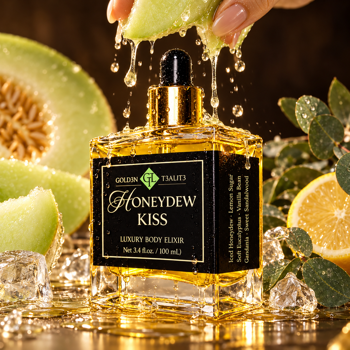 Honeydew juice dripping over the Honeydew Kiss Luxury Body Elixir bottle