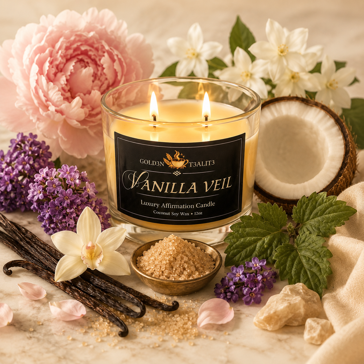 VANILLA VEIL Luxury Affirmation Candle | 12oz Coconut Soy Wax