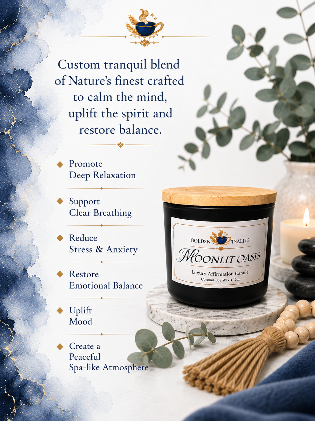 MOONLIT OASIS (Spa) Luxury Affirmation Candle | 12oz Coconut Soy Wax