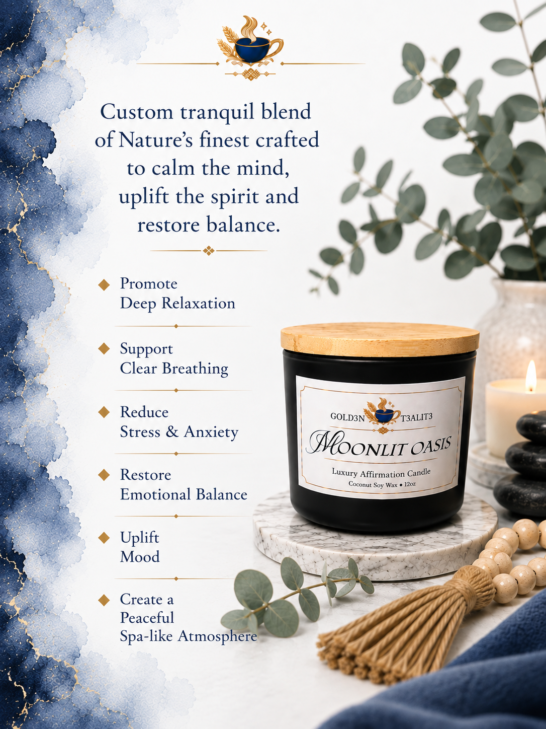 MOONLIT OASIS (Spa) Luxury Affirmation Candle | 12oz Coconut Soy Wax