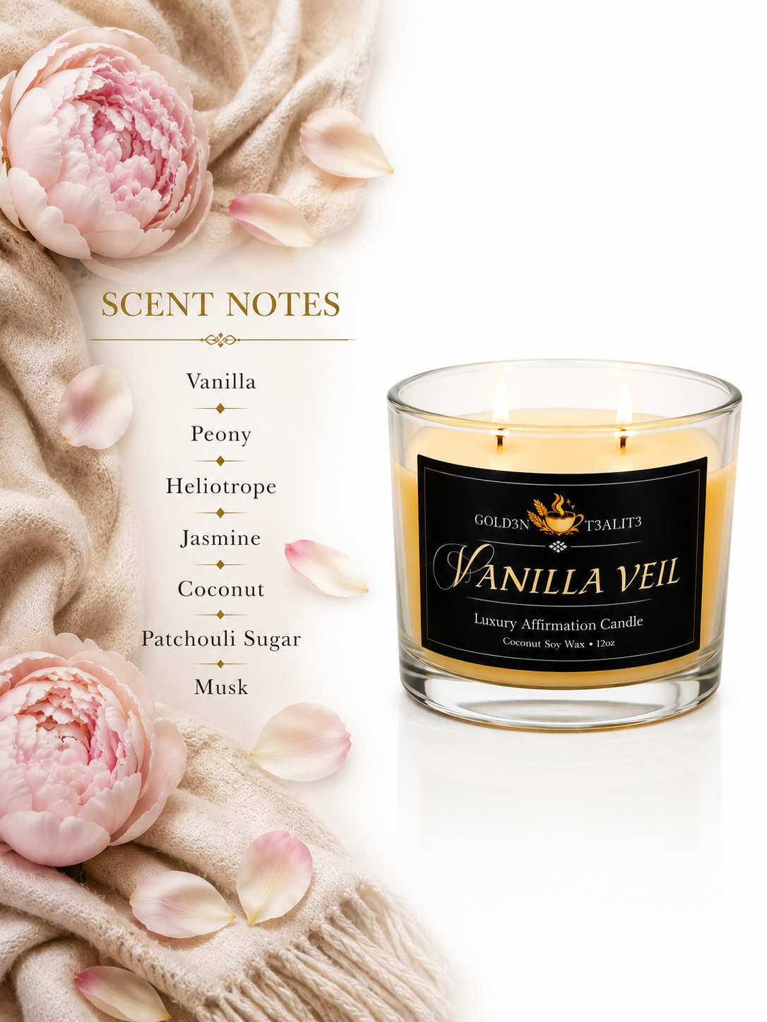 VANILLA VEIL Luxury Affirmation Candle | 12oz Coconut Soy Wax
